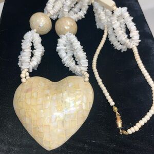 Vintage Oversized Mother of Pearl Heart Pendant Statement Jewelry Necklace
